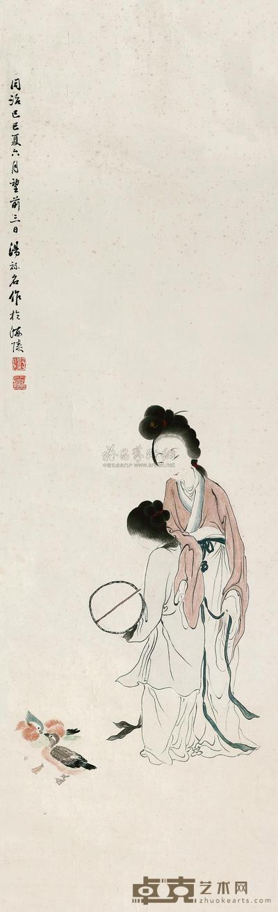 汤禄铭 仕女鸳鸯图 镜心 101×31cm