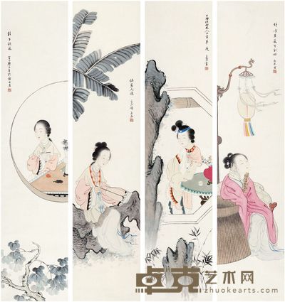 莲溪 仕女四屏 137×31cm×4