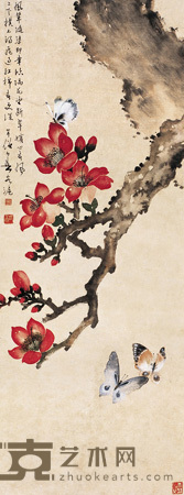 黄幻吾 红棉彩蝶 立轴 104×39cm