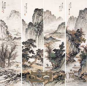 袁松年 1949年作 四季山水 四屏 134×34cm×4