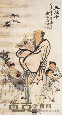 苏腾蛟 1901年作 五桂图 立轴 168×90cm
