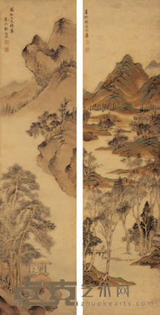 张如芝 山水 二屏 127×31cm×2