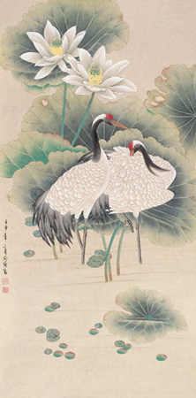 荷塘双鹤 镜心133×65cm