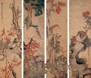 任淇 1851年作 花鸟 四屏 140×39cm×4