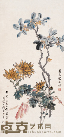 陆恢 朱偁 花卉 立轴 103×42cm