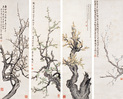 赵叔孺 丁辅之 高时显 褚德彝 梅花 四屏