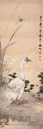 颜伯龙 辛巳(1941)年作 白鹅蜻蜓 立轴 97×33cm