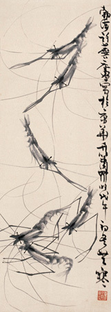 许麐庐 戊午(1978)年作 游虾图 立轴
