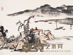 亚明 树亭晚泊 册页片 34×45.5cm