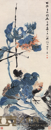 葵花双鸡 立轴 121.5×48cm