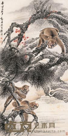 程璋 辛酉(1921)年作 松猴图 屏轴 133×66cm