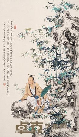 任重 乙酉(2005)年作 竹石高士 立轴 76×44.5cm