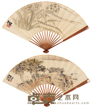 水仙图 山居图 成扇 17×50cm