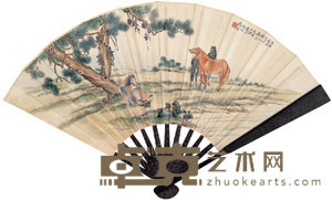 马晋 乙丑（1925）年作 松下三骏 成扇 20.5×55cm