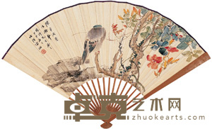 张辛稼 甲申（1944）年作 山茶栖雀 成扇 18.5×50.5cm