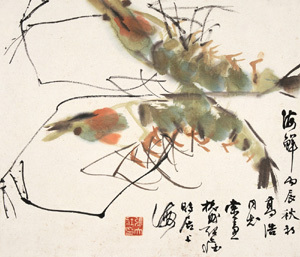 张大壮 丙辰（1976）年作 渤海对虾 镜心