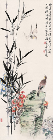 钱松嵒 戊子（1948）年作 竹间对语 立轴