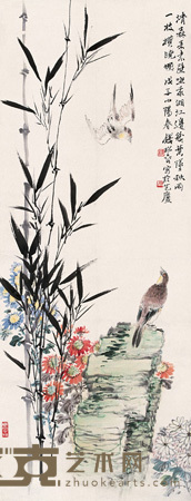 钱松嵒 戊子（1948）年作 竹间对语 立轴 102×38.5cm
