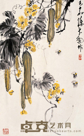 陈大羽 己未（1979）年作 丝瓜游蜂 立轴 95.5×59cm