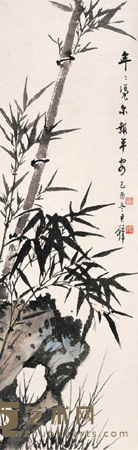 黄君璧 己酉（1969）年作 竹报平安 镜心 92×28.5cm