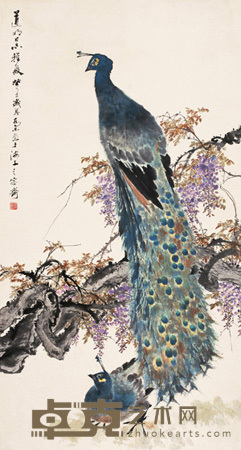 乔木 癸丑（1973）年作 紫藤孔雀 立轴 177×95cm