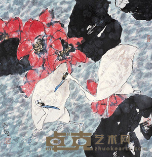 江文湛 荷鹭图 镜心 69×67cm