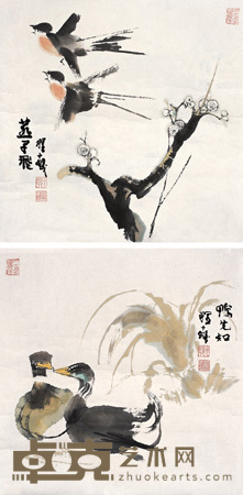 程十发 花鸟（二帧） 镜心 46×46cm×2