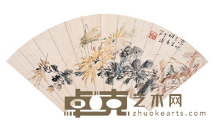 王雪涛 菊花秋虫 扇片 18×46cm