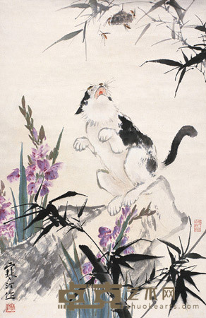 江寒汀 猫趣 立轴 69×45cm