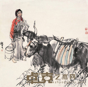 藏女与牦牛 镜心 67.5×67.5cm