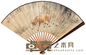 彭一寿 春郊散马 成扇 19×50cm