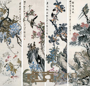 花鸟 四屏 132×34cm×4