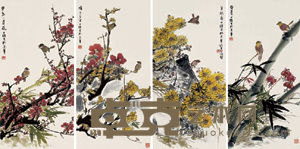 田镛 花鸟 四屏 95×47cm×4