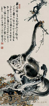 俞飞安 猴戏图 镜心 95×44cm