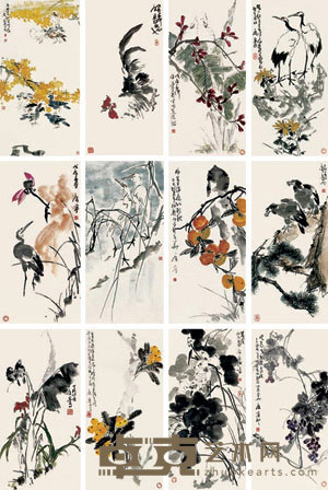 康宁 花卉动物（十二桢） 镜心 60×30cm×12