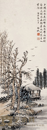 孤村归鸦图 立轴 83×31cm