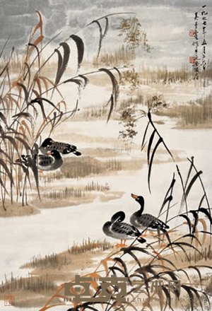 荷塘憩鸭 立轴 68×47cm