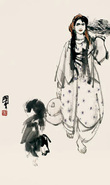 史国良 遛狗的少女 立轴