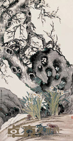 临陆治水仙梅石图 立轴 130×68cm