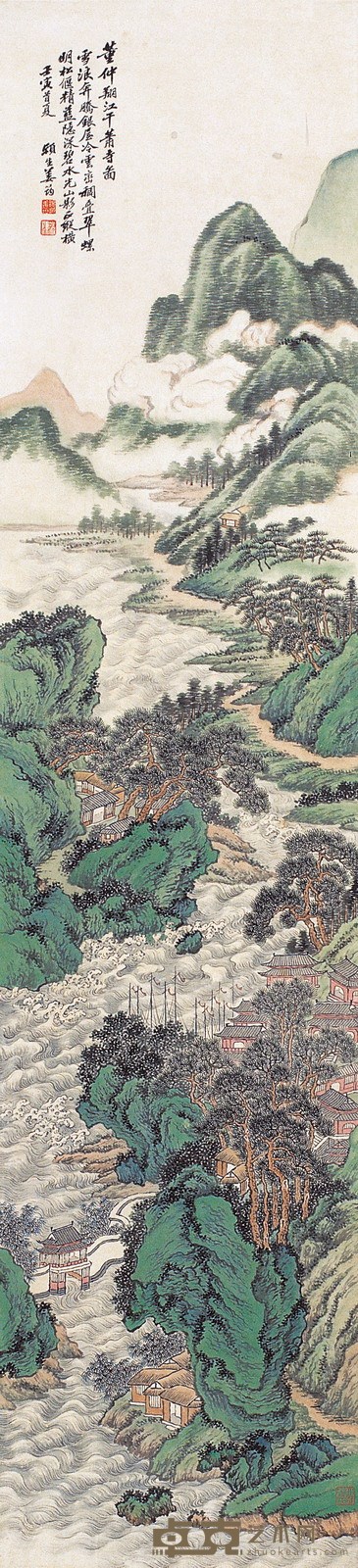 姜 筠 江干萧寺图 设色纸本 立轴 145×33cm