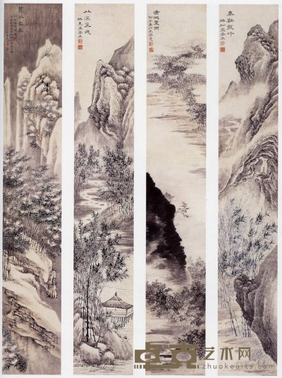 张克龢 四季山水 设色纸本 屏条 140×22.5cm×4