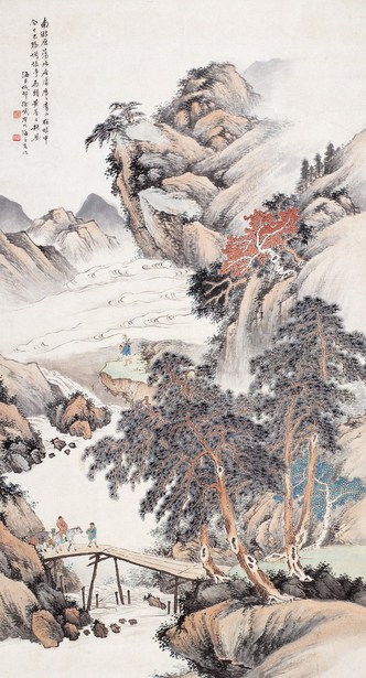 徐 曦 青山行旅图 设色纸本 立轴
