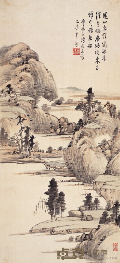 萧俊贤 疏林生烟图 设色绢本 立轴 88.5×40.5cm