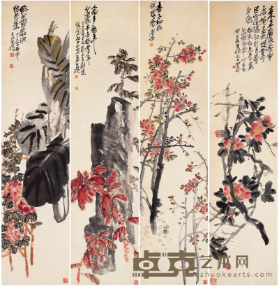 吴昌硕 四季花卉屏 设色纸本 镜片 135.5×33cm×4