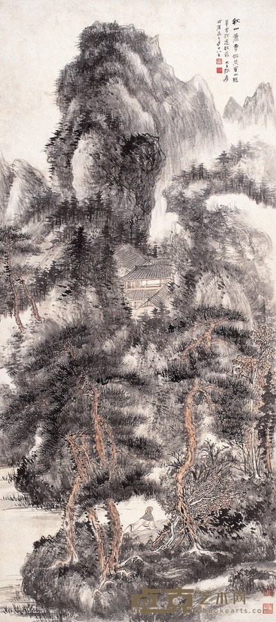 张大千 秋山萧寺图 设色纸本 立轴 126×56cm