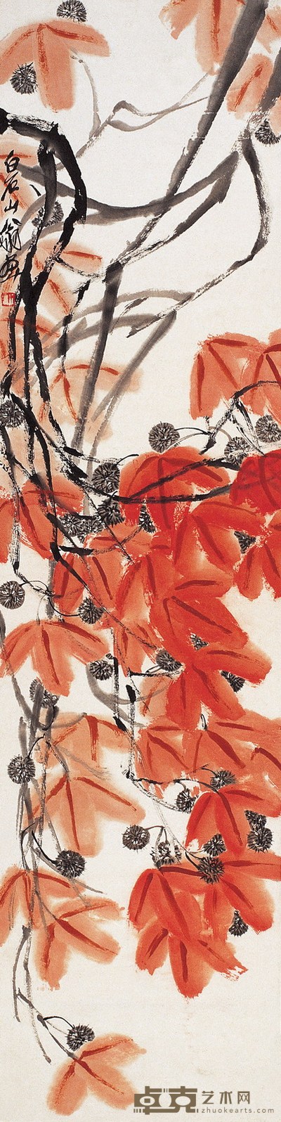 齐白石 红叶图 设色纸本 立轴 128×32.5cm