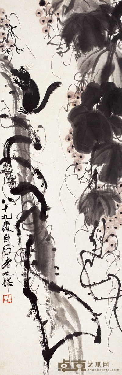 齐白石 紫藤葡萄松鼠 设色纸本 立轴 101×33.5cm