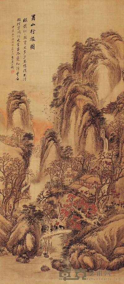 吴石僊 蜀山行旅图 设色绢本 镜片 108×48cm