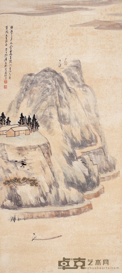 张大千 高山访友图 设色纸本 立轴 85×38cm