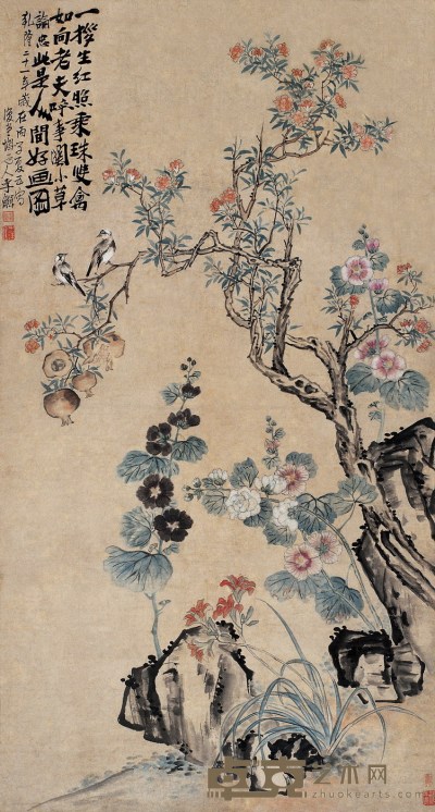 李鱓 秋园双禽图 设色纸本 立轴 172×92.5cm